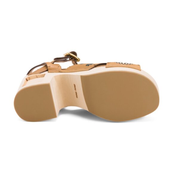 MIU MIU Made In Italy Leather Painted Flowers Wooden Heeled Sandals - Picture 3 of 3